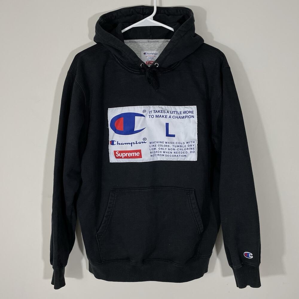 Supreme X Champion Box Logo Label Black Hooded Sweatshirt Hoodie Size Large